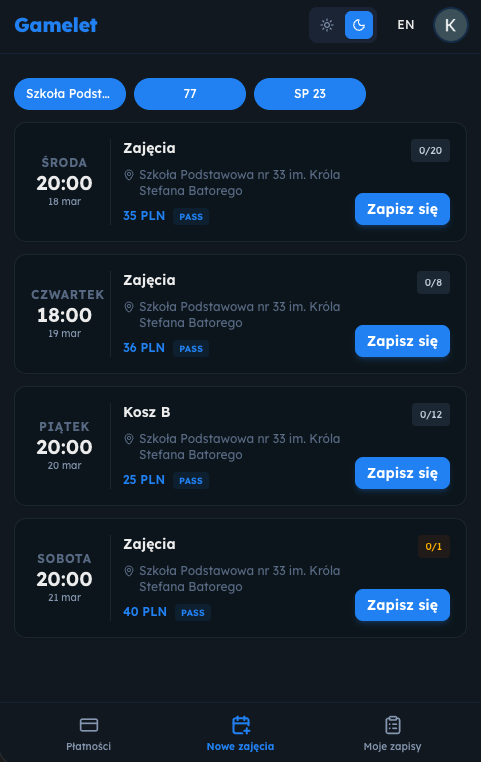 Nowe zajęcia — dark mode