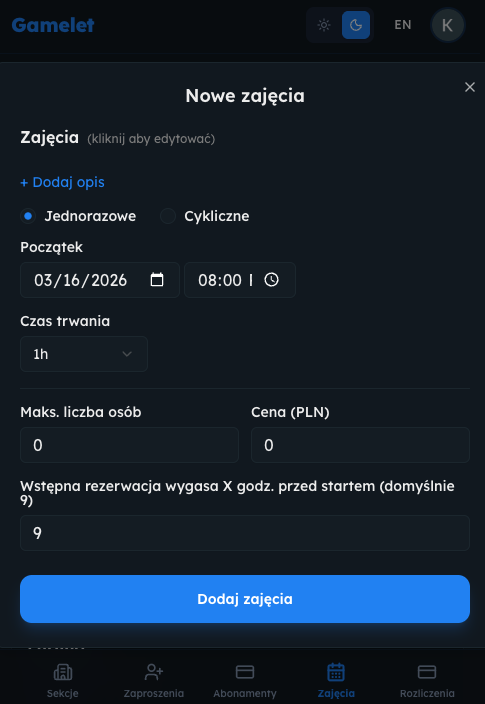 Dodaj zajęcia — dark mode